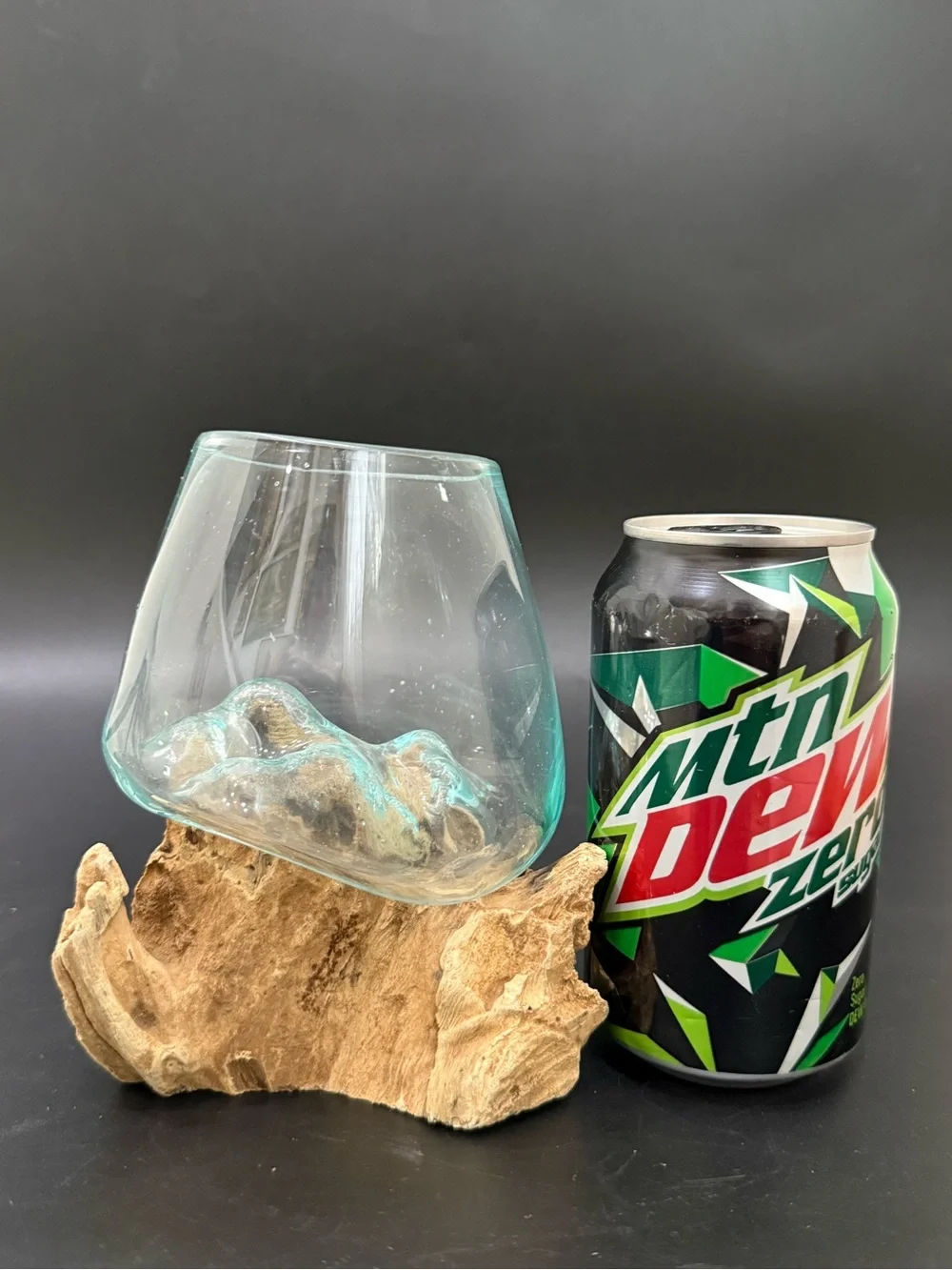Handcrafted Molten Glass Vase Bowl on Custom Molded Organic Teak Driftwood Base